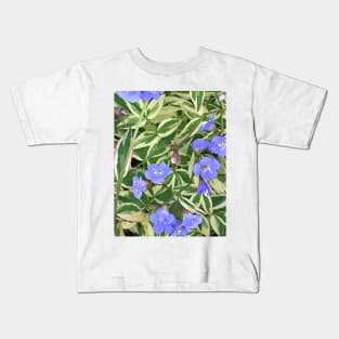 Variegated leaves with Light Blue Flowers - Floral Photograph - Early Summer Flowers Kids T-Shirt